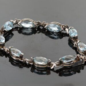 Vintage Blue Topaz Marquise Tennis Bracelet 925 Sterling Silver, 7.5"
